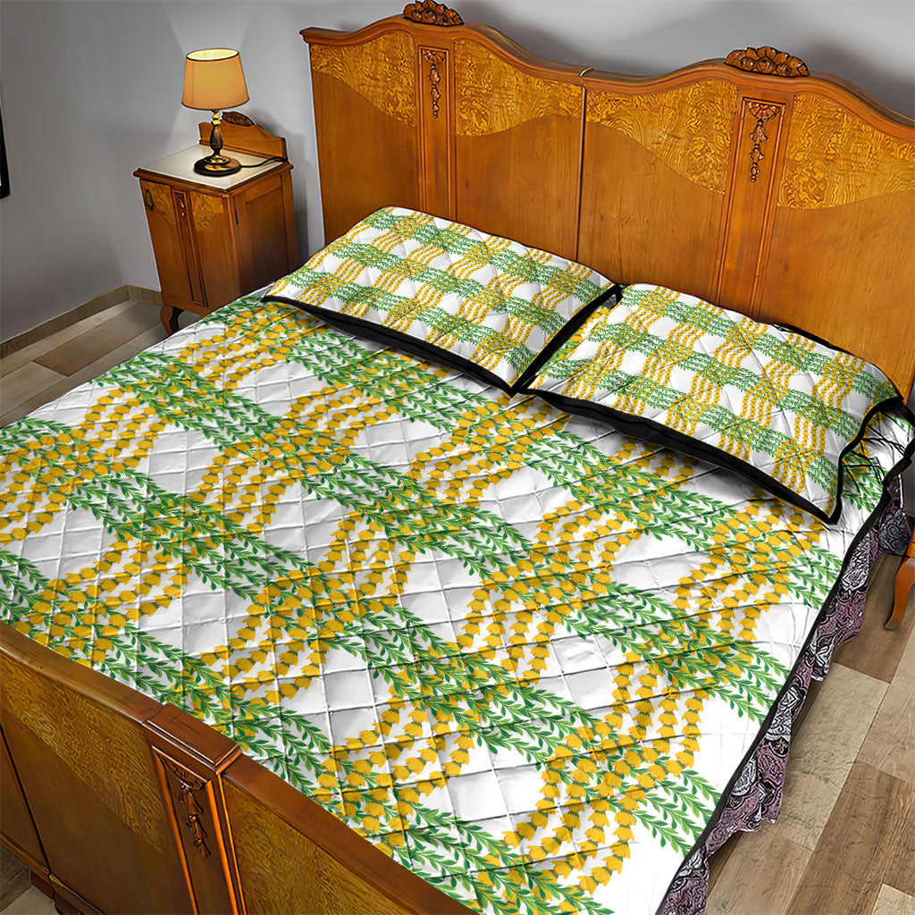 Aloha Hawaii Ilima Maile Lei Quilt Bed Set Palaka Inspired Hawaiian-plaid White