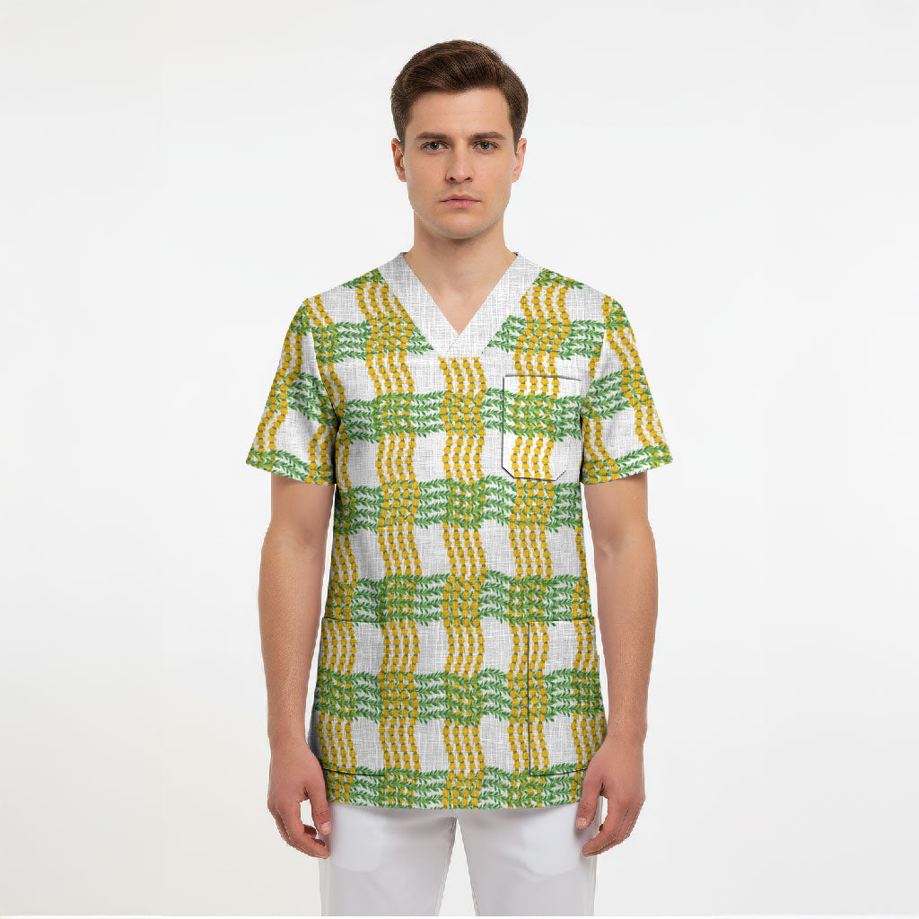 Aloha Hawaii Ilima Maile Lei Scrub Top Palaka Inspired Hawaiian-plaid White