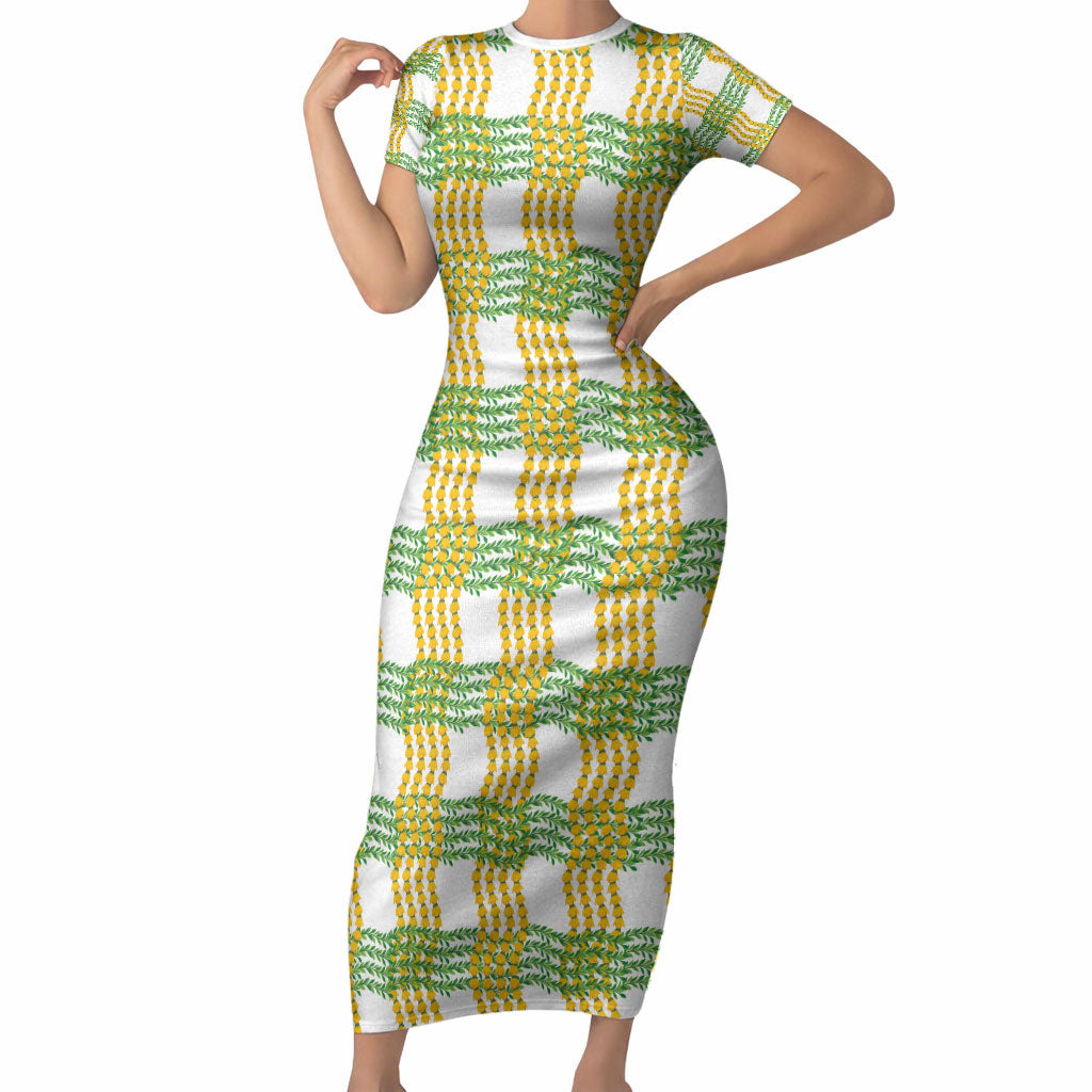 Aloha Hawaii Ilima Maile Lei Short Sleeve Bodycon Dress Palaka Inspired Hawaiian-plaid White