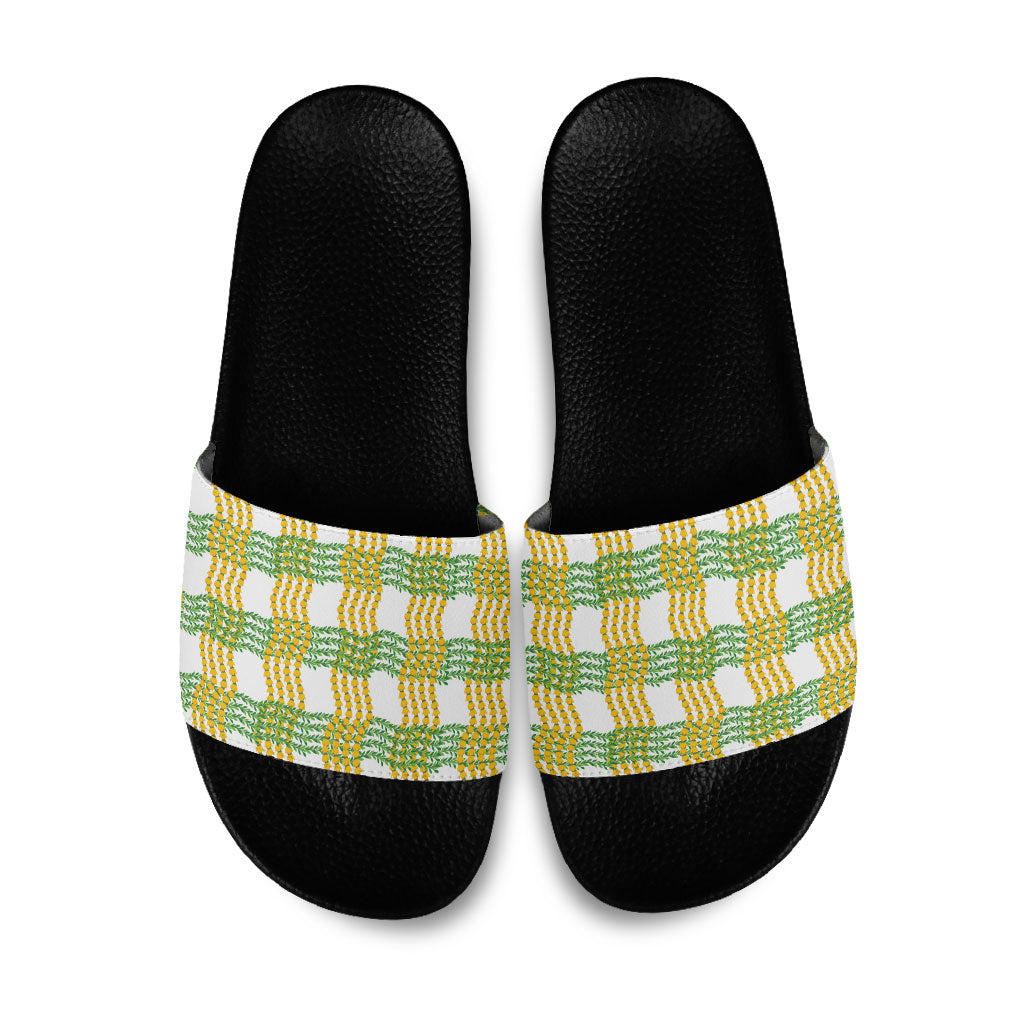 Aloha Hawaii Ilima Maile Lei Slide Sandals Palaka Inspired Hawaiian-plaid White