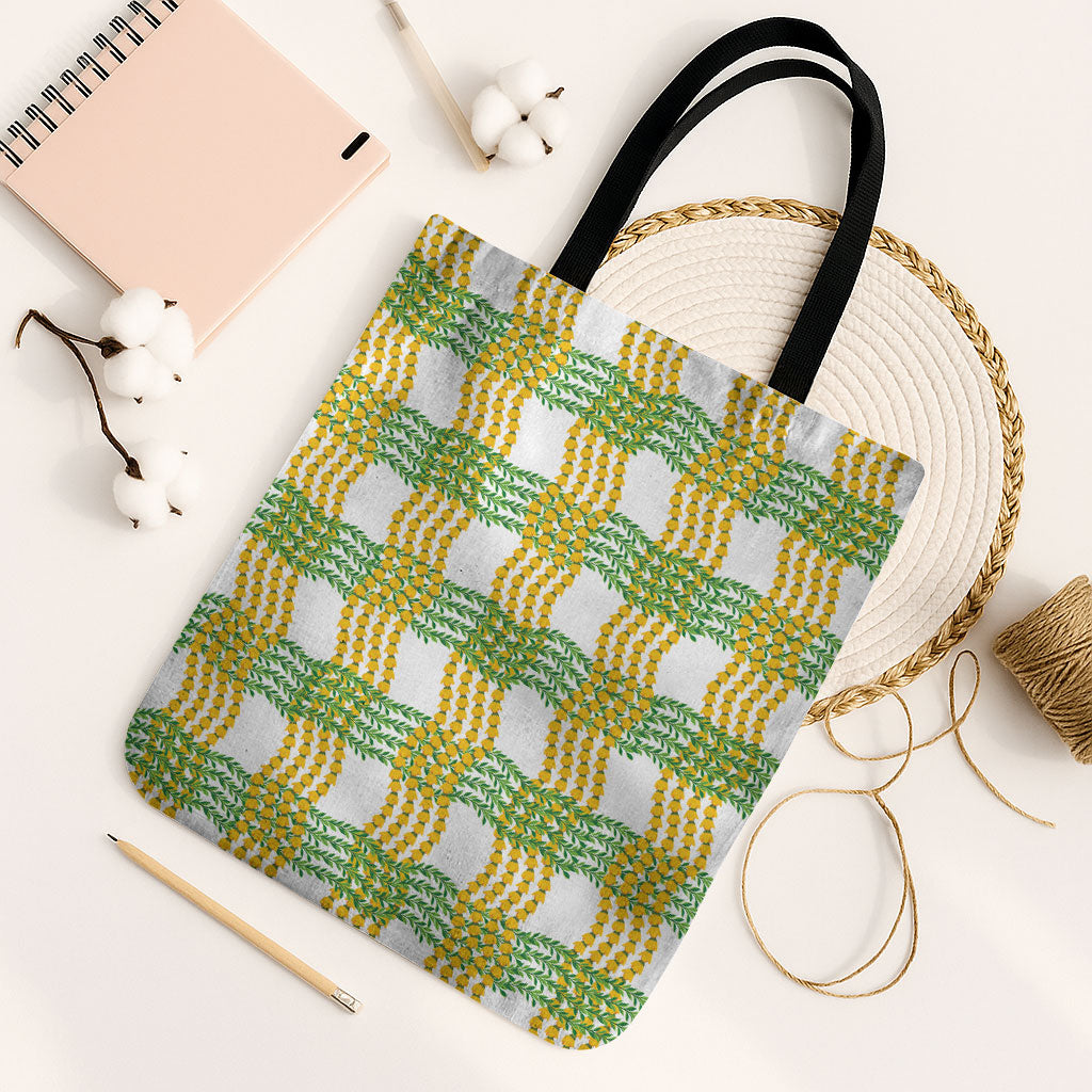 Aloha Hawaii Ilima Maile Lei Tote Bag Palaka Inspired Hawaiian-plaid White LT14 Black Strap One Size White - Polynesian Pride