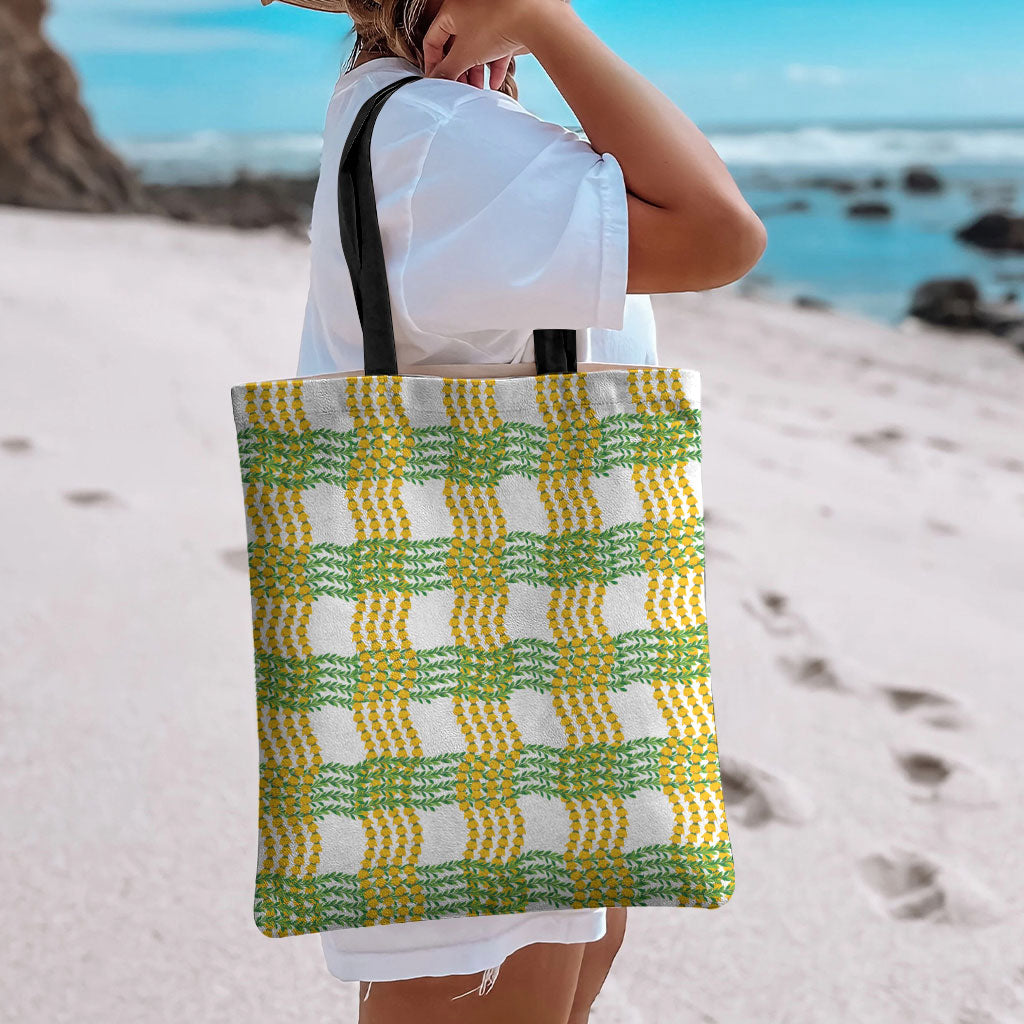 Aloha Hawaii Ilima Maile Lei Tote Bag Palaka Inspired Hawaiian-plaid White