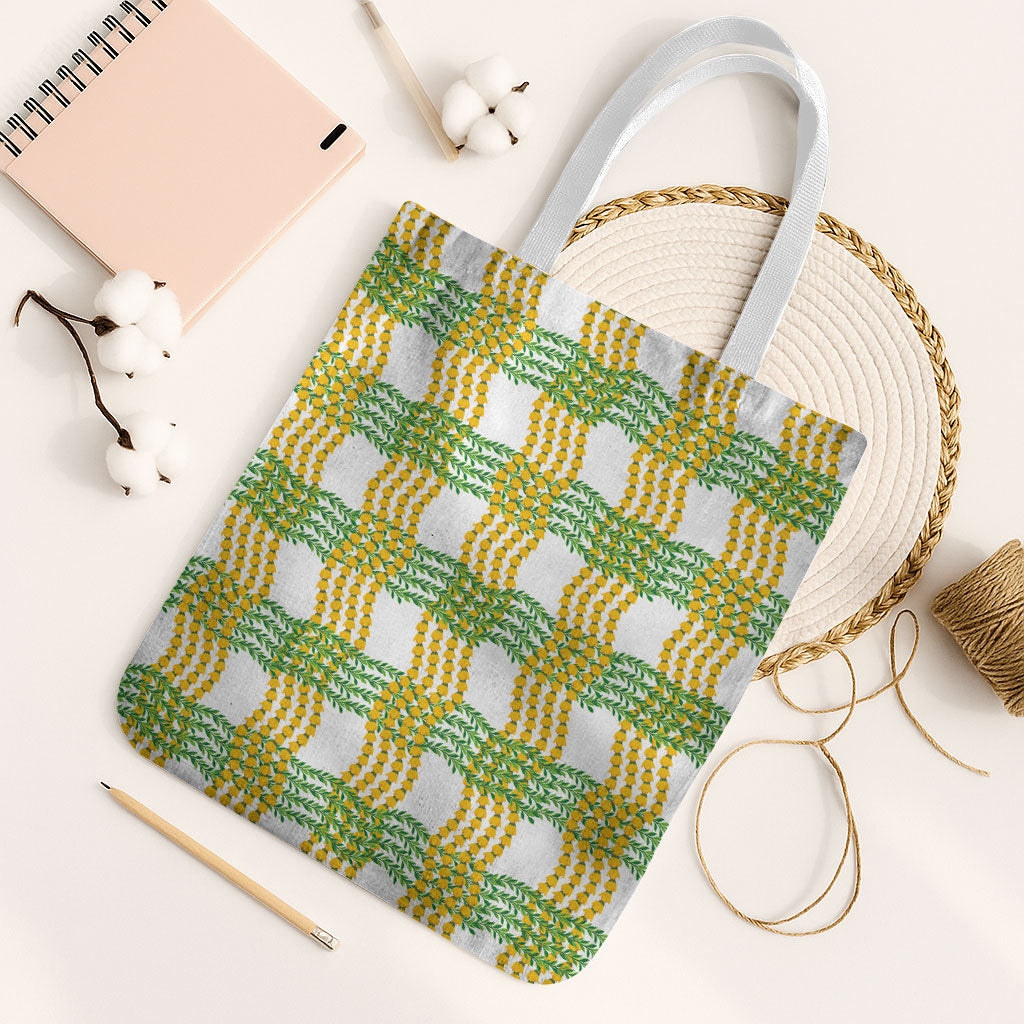 Aloha Hawaii Ilima Maile Lei Tote Bag Palaka Inspired Hawaiian-plaid White