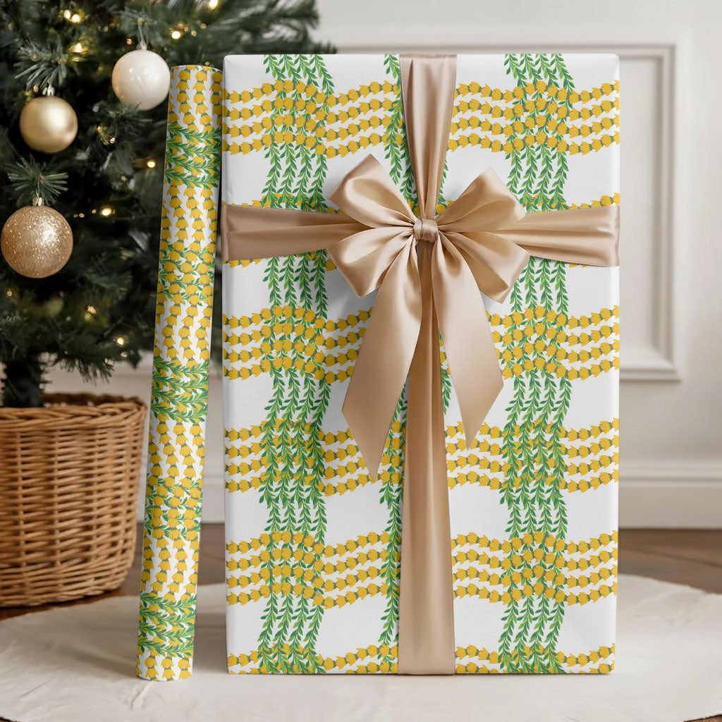 Aloha Hawaii Ilima Maile Lei Wrapping Paper Palaka Inspired Hawaiian-plaid White
