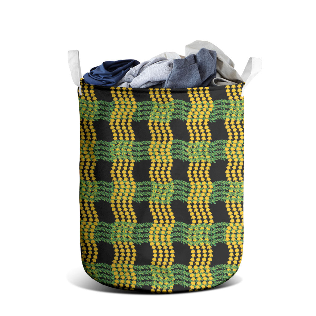 Aloha Hawaii Ilima Maile Lei Laundry Basket Palaka Inspired Hawaiian-plaid Black