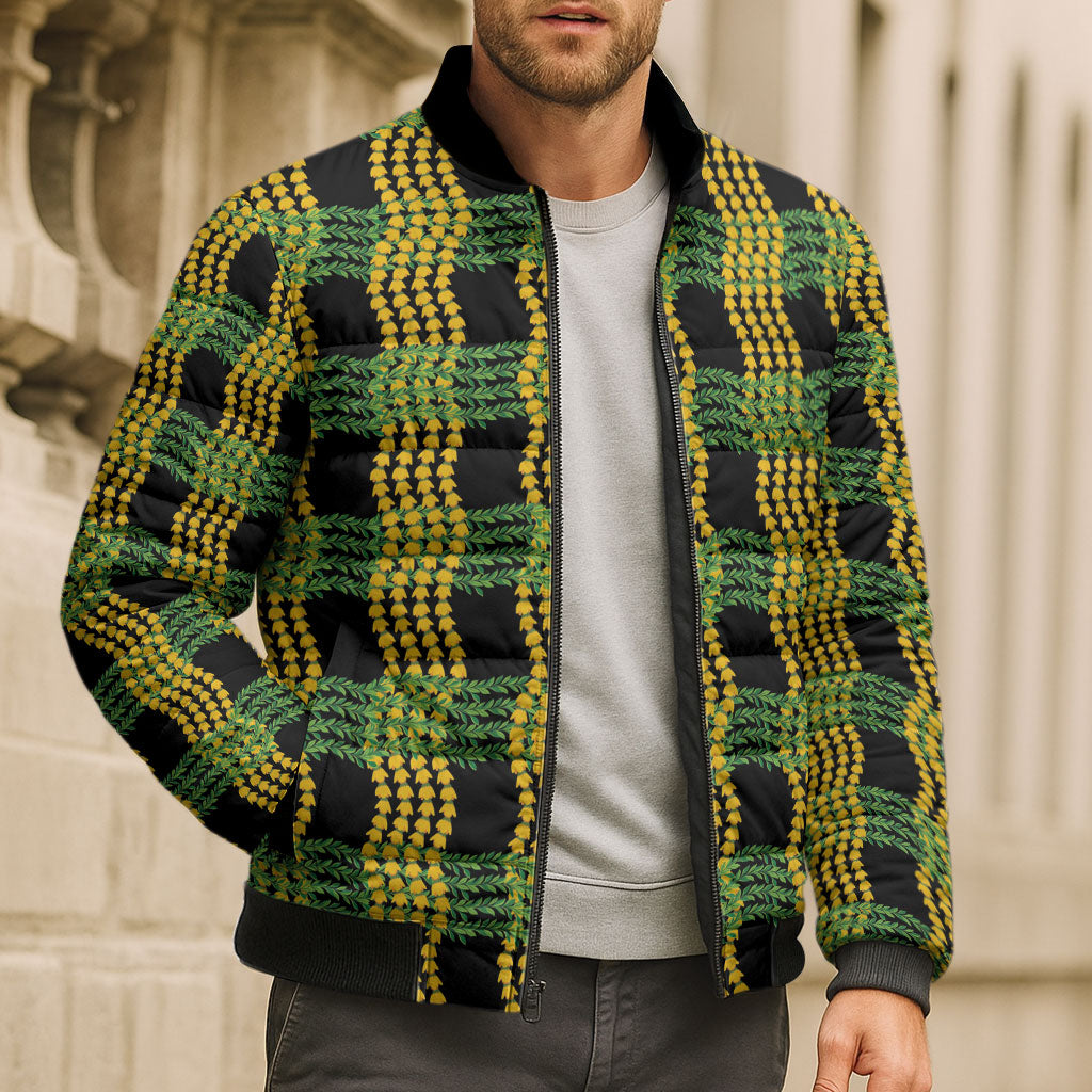 Aloha Hawaii Ilima Maile Lei Bomber Puffer Jacket Palaka Inspired Hawaiian-plaid Black