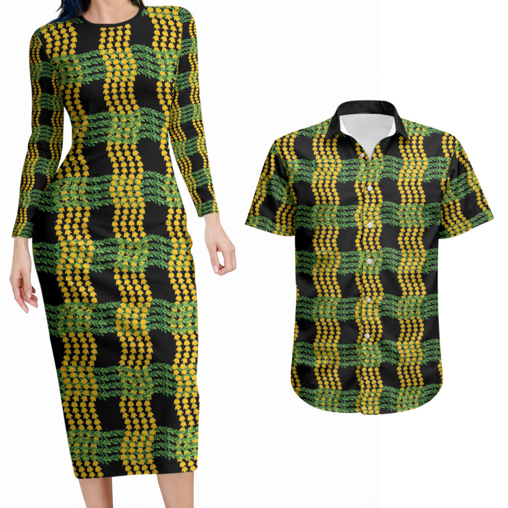 Aloha Hawaii Ilima Maile Lei Couples Matching Long Sleeve Bodycon Dress and Hawaiian Shirt Palaka Inspired Hawaiian-plaid Black