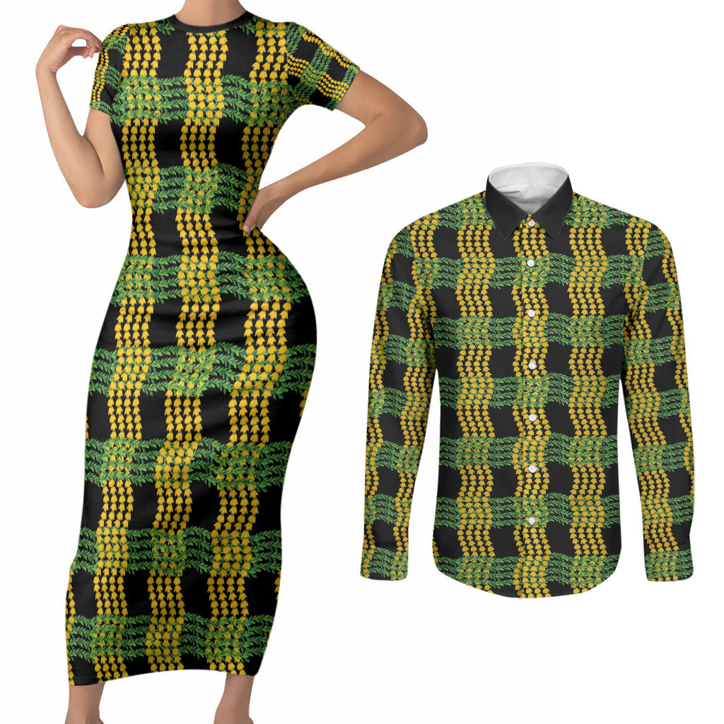 Aloha Hawaii Ilima Maile Lei Couples Matching Short Sleeve Bodycon Dress and Long Sleeve Button Shirt Palaka Inspired Hawaiian-plaid Black