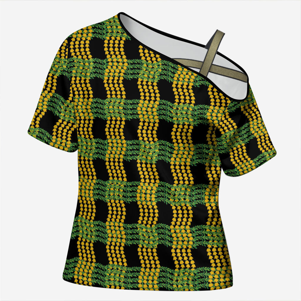 Aloha Hawaii Ilima Maile Lei Cross Shoulder Shirt Palaka Inspired Hawaiian-plaid Black LT14 Female Black - Polynesian Pride