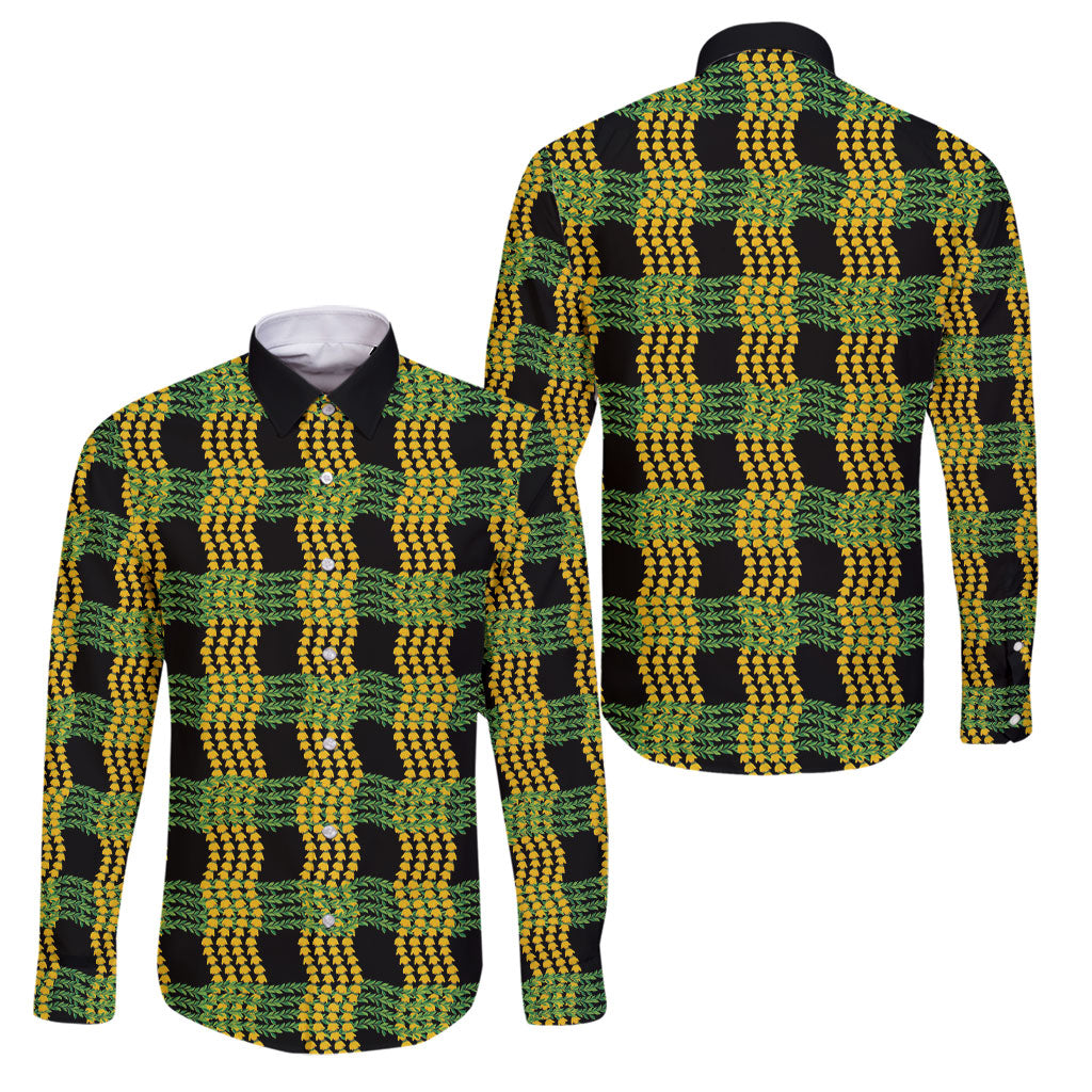 Aloha Hawaii Ilima Maile Lei Family Matching Long Sleeve Bodycon Dress and Hawaiian Shirt Palaka Inspired Hawaiian-plaid Black