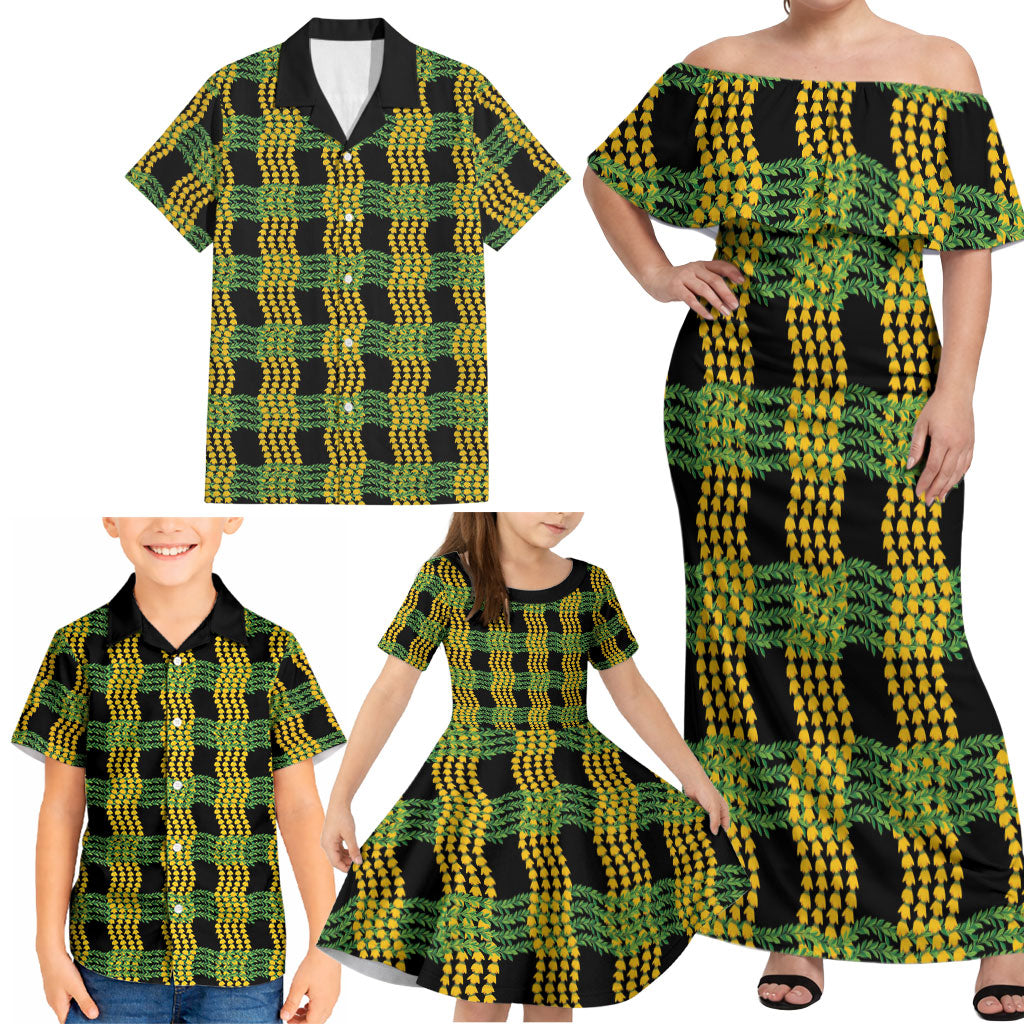 Aloha Hawaii Ilima Maile Lei Family Matching Off Shoulder Maxi Dress and Hawaiian Shirt Palaka Inspired Hawaiian-plaid Black