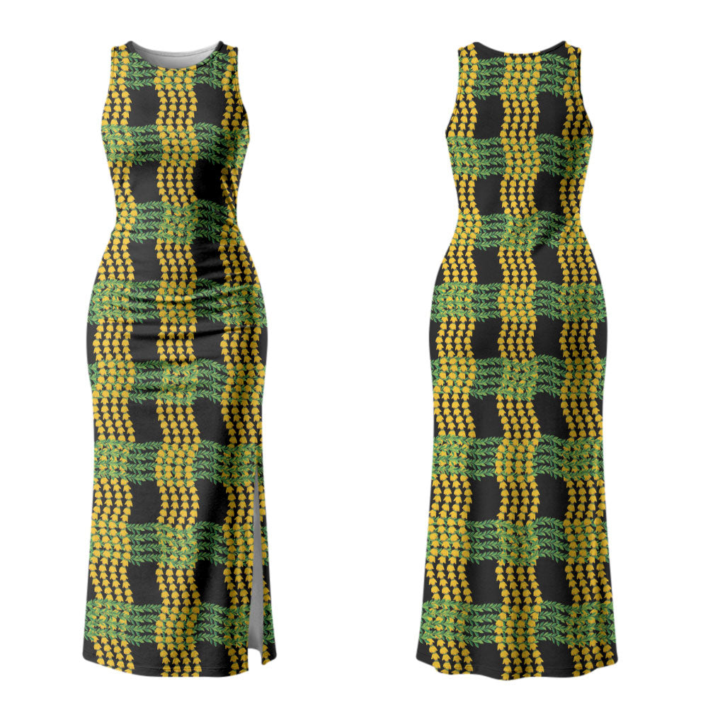 Aloha Hawaii Ilima Maile Lei Family Matching Tank Maxi Dress and Hawaiian Shirt Palaka Inspired Hawaiian-plaid Black