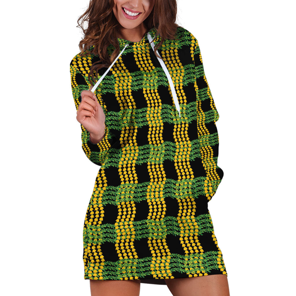 Aloha Hawaii Ilima Maile Lei Hoodie Dress Palaka Inspired Hawaiian-plaid Black LT14 Black - Polynesian Pride