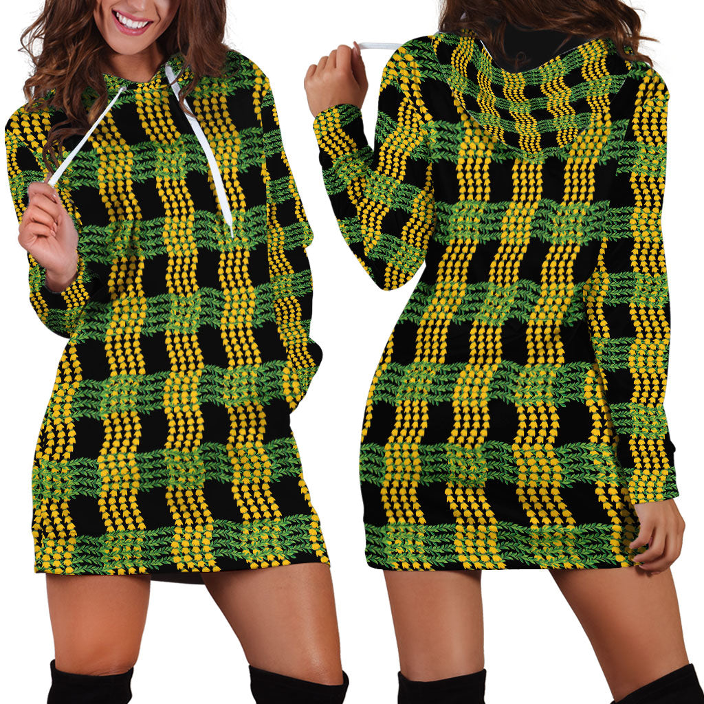Aloha Hawaii Ilima Maile Lei Hoodie Dress Palaka Inspired Hawaiian-plaid Black LT14 - Polynesian Pride