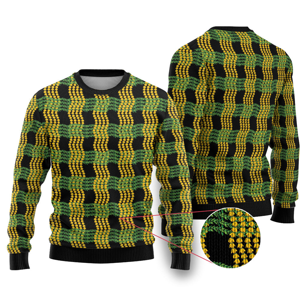 Aloha Hawaii Ilima Maile Lei Ugly Christmas Sweater Palaka Inspired Hawaiian-plaid Black LT14 Black - Polynesian Pride