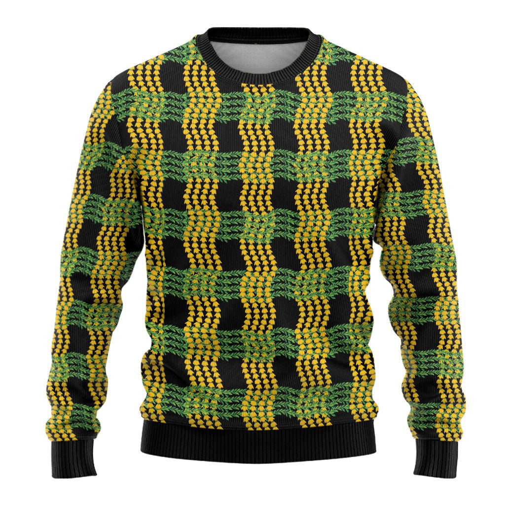 Aloha Hawaii Ilima Maile Lei Ugly Christmas Sweater Palaka Inspired Hawaiian-plaid Black