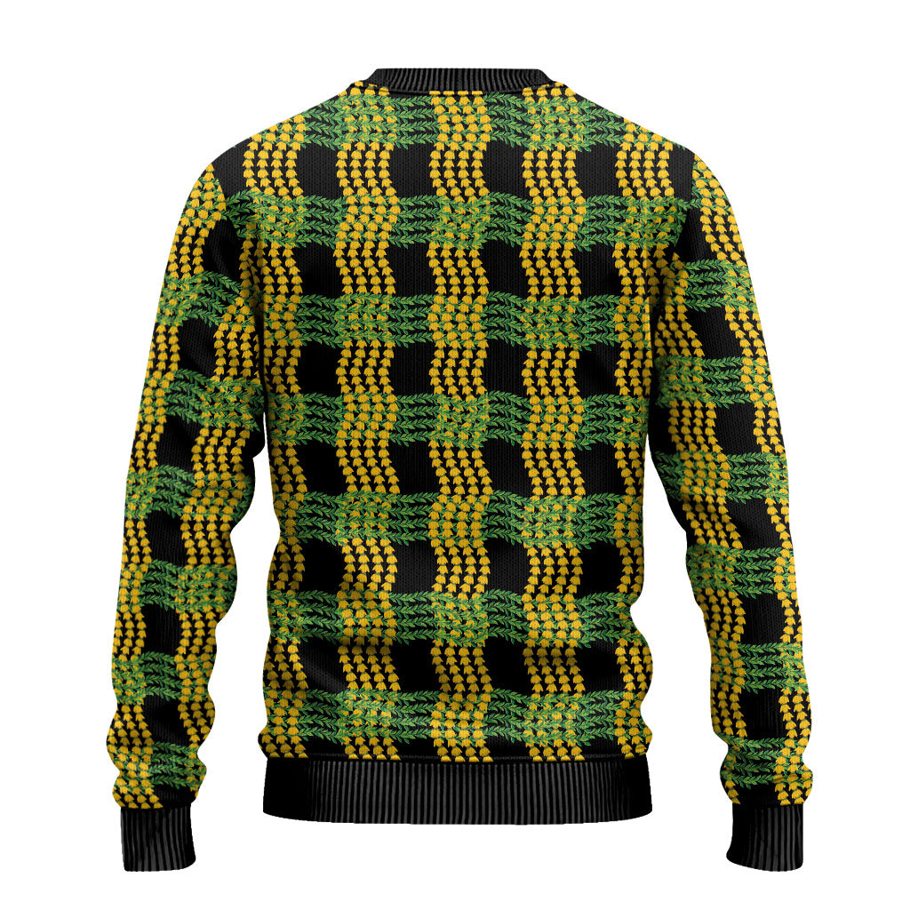 Aloha Hawaii Ilima Maile Lei Ugly Christmas Sweater Palaka Inspired Hawaiian-plaid Black