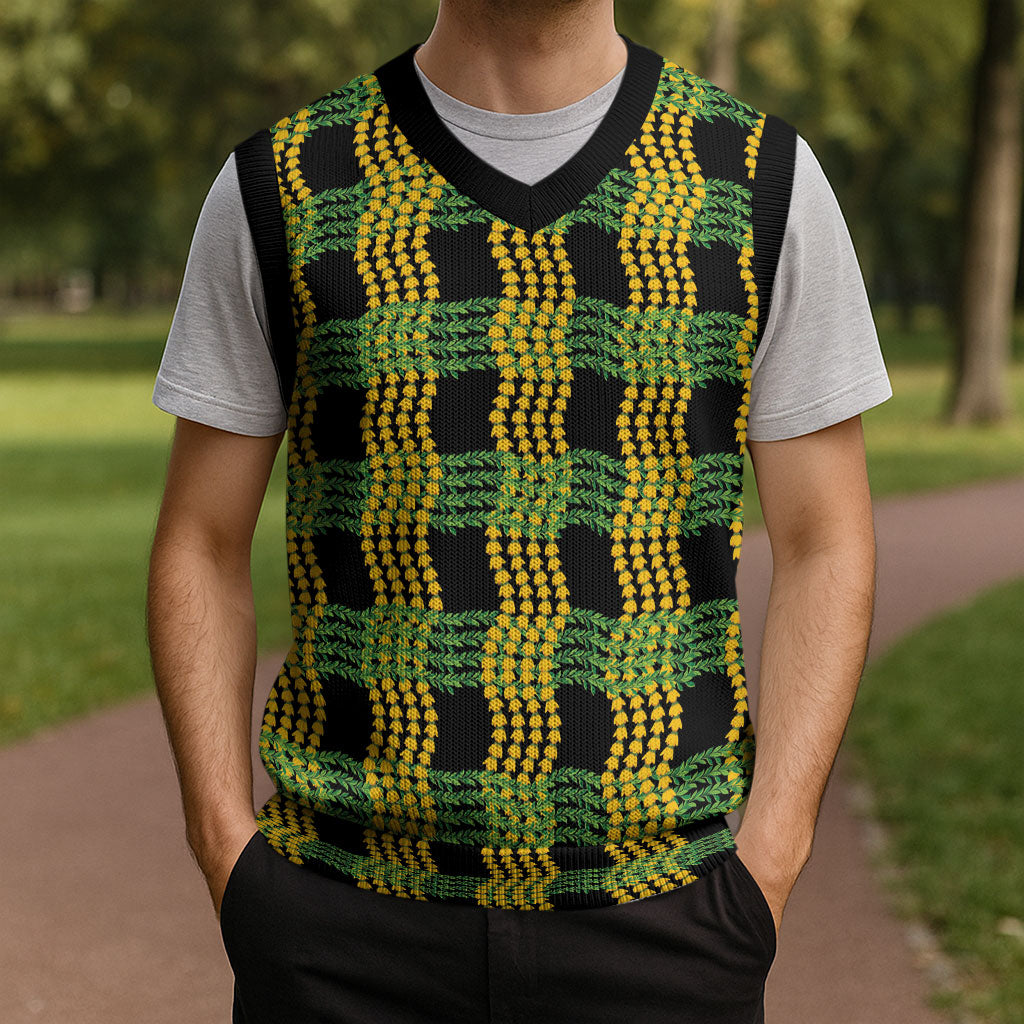 Aloha Hawaii Ilima Maile Lei Christmas Knitted V-Neck Vest Palaka Inspired Hawaiian-plaid Black