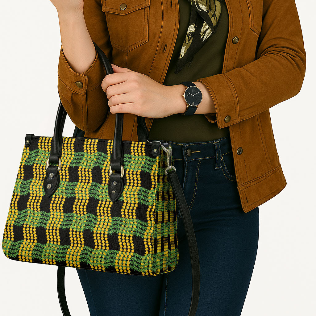 Aloha Hawaii Ilima Maile Lei Leather Bag Palaka Inspired Hawaiian-plaid Black