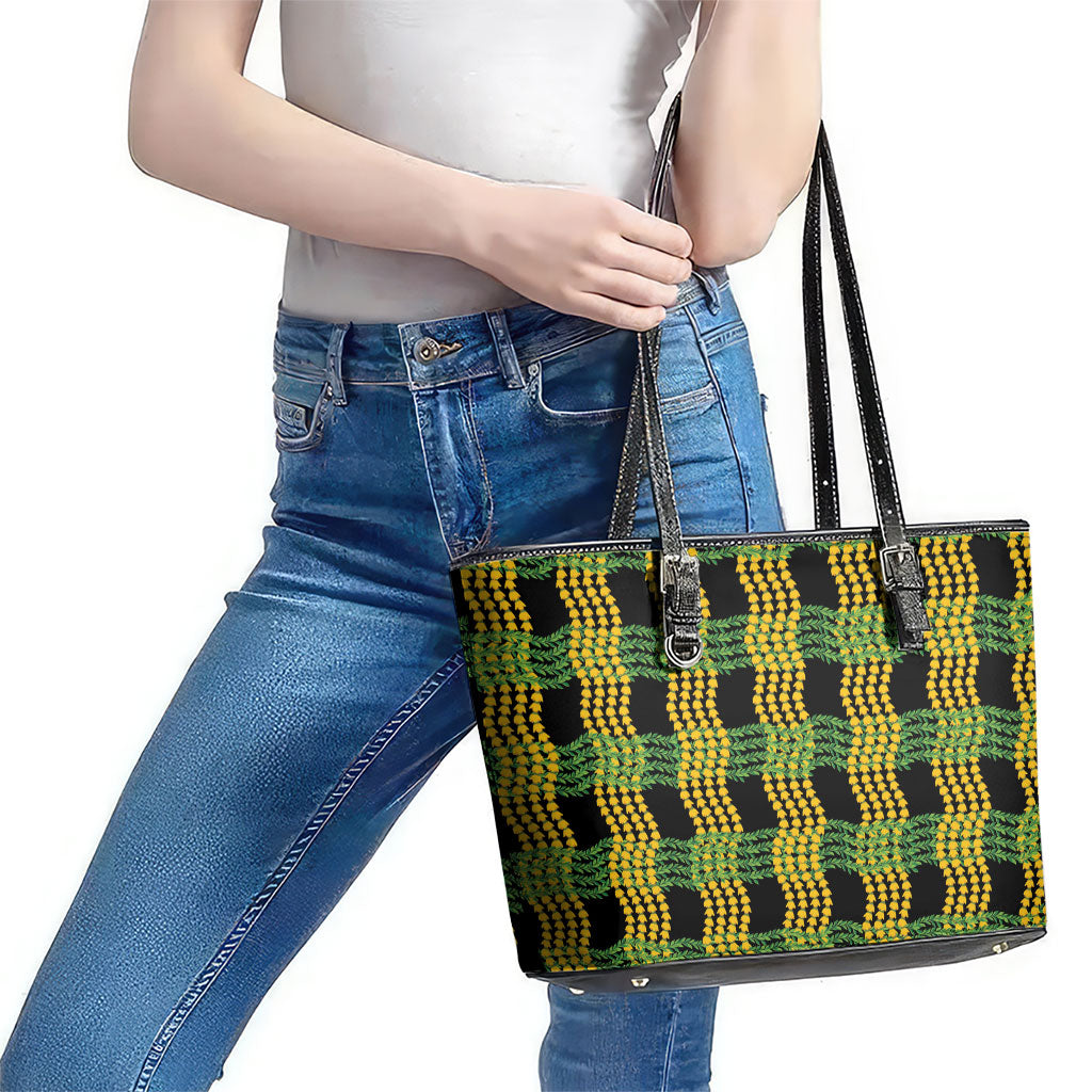 Aloha Hawaii Ilima Maile Lei Leather Tote Bag Palaka Inspired Hawaiian-plaid Black
