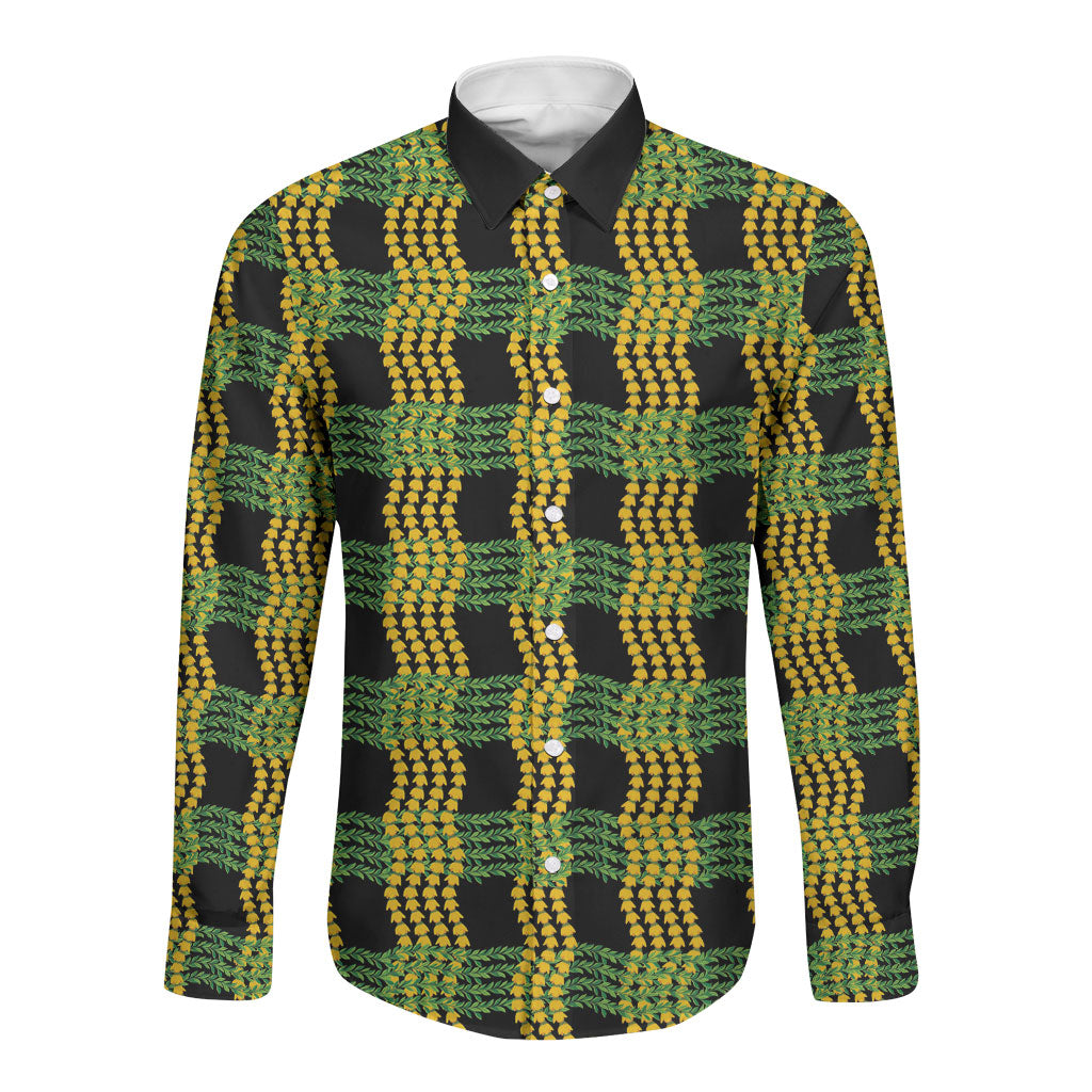Aloha Hawaii Ilima Maile Lei Long Sleeve Button Shirt Palaka Inspired Hawaiian-plaid Black LT14 Unisex Black - Polynesian Pride
