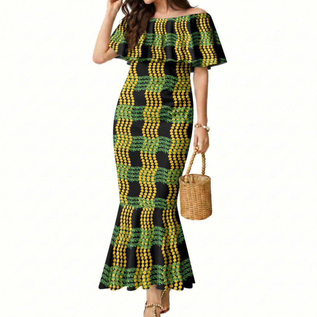 Aloha Hawaii Ilima Maile Lei Mermaid Dress Palaka Inspired Hawaiian-plaid Black LT14 Women Black - Polynesian Pride