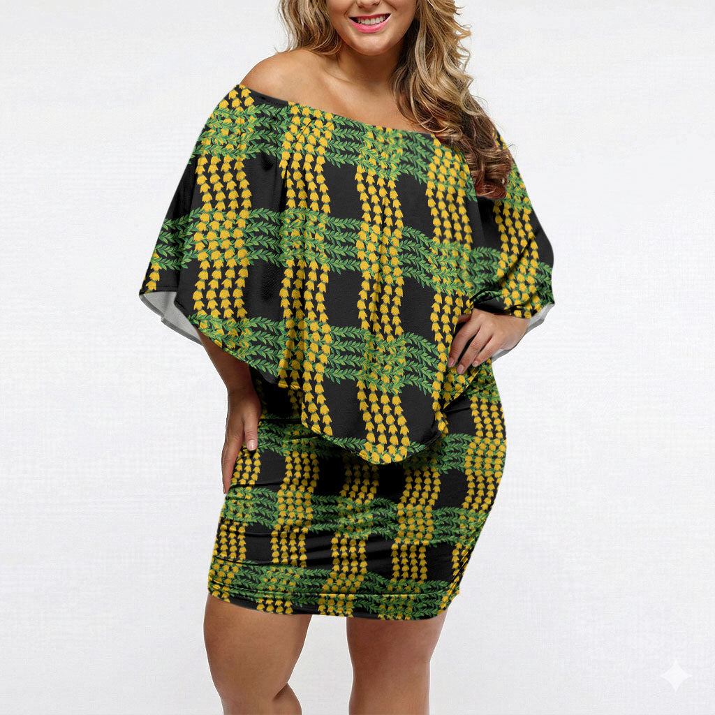 Aloha Hawaii Ilima Maile Lei Off Shoulder Short Dress Palaka Inspired Hawaiian-plaid Black LT14 Women Black - Polynesian Pride