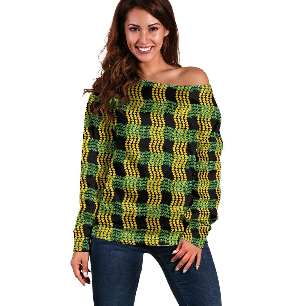 Aloha Hawaii Ilima Maile Lei Off Shoulder Sweater Palaka Inspired Hawaiian-plaid Black LT14 Women Black - Polynesian Pride