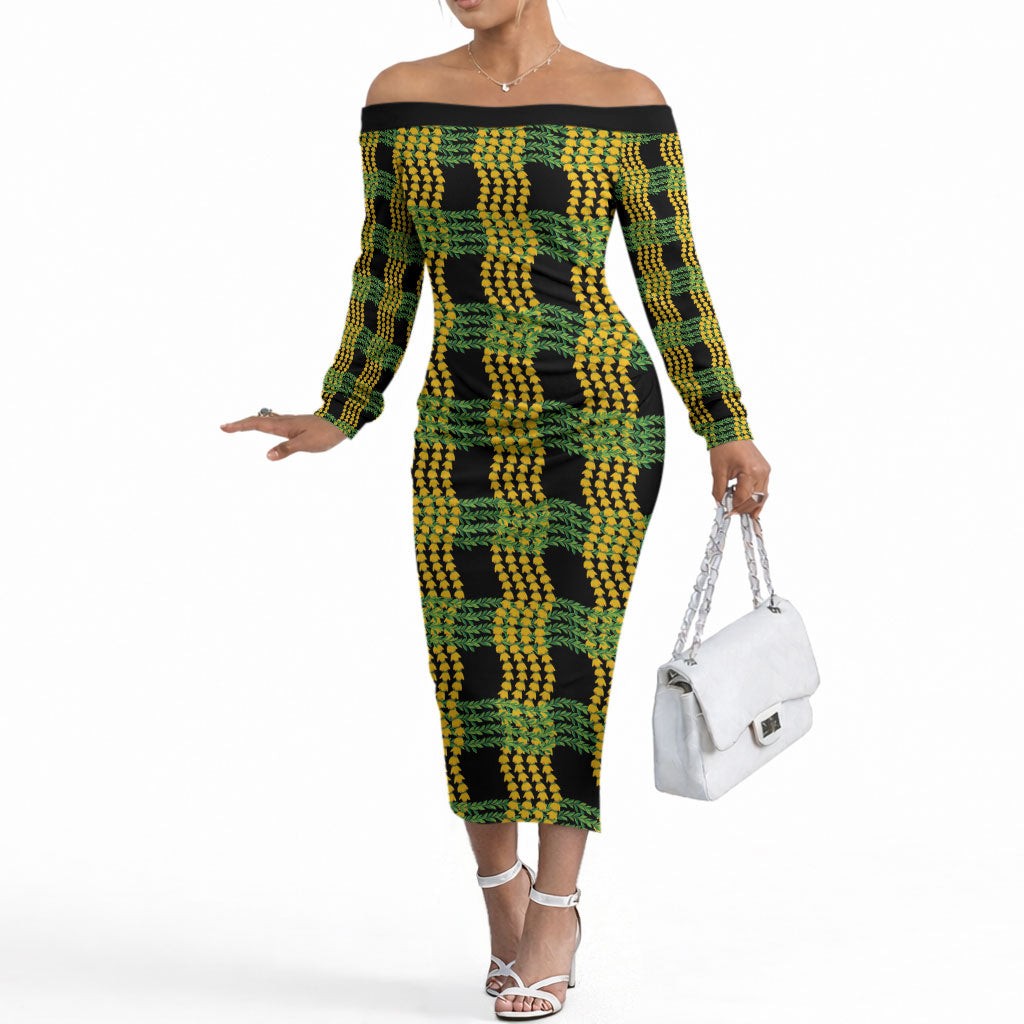 Aloha Hawaii Ilima Maile Lei Off The Shoulder Long Sleeve Dress Palaka Inspired Hawaiian-plaid Black LT14 Women Black - Polynesian Pride