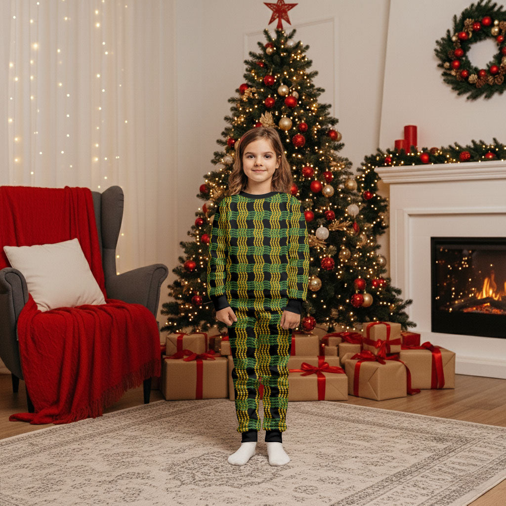 Aloha Hawaii Ilima Maile Lei Christmas Pajama Set Palaka Inspired Hawaiian-plaid Black