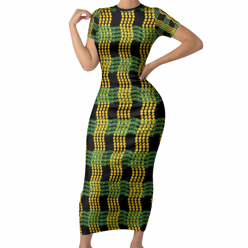 Aloha Hawaii Ilima Maile Lei Short Sleeve Bodycon Dress Palaka Inspired Hawaiian-plaid Black LT14 Long Dress Black - Polynesian Pride