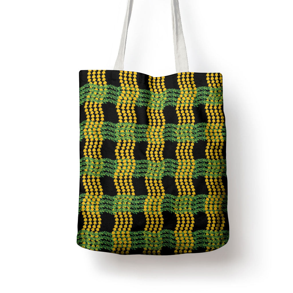 Aloha Hawaii Ilima Maile Lei Tote Bag Palaka Inspired Hawaiian-plaid Black LT14 - Polynesian Pride