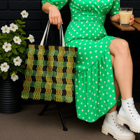 Aloha Hawaii Ilima Maile Lei Tote Bag Palaka Inspired Hawaiian-plaid Black LT14 - Polynesian Pride