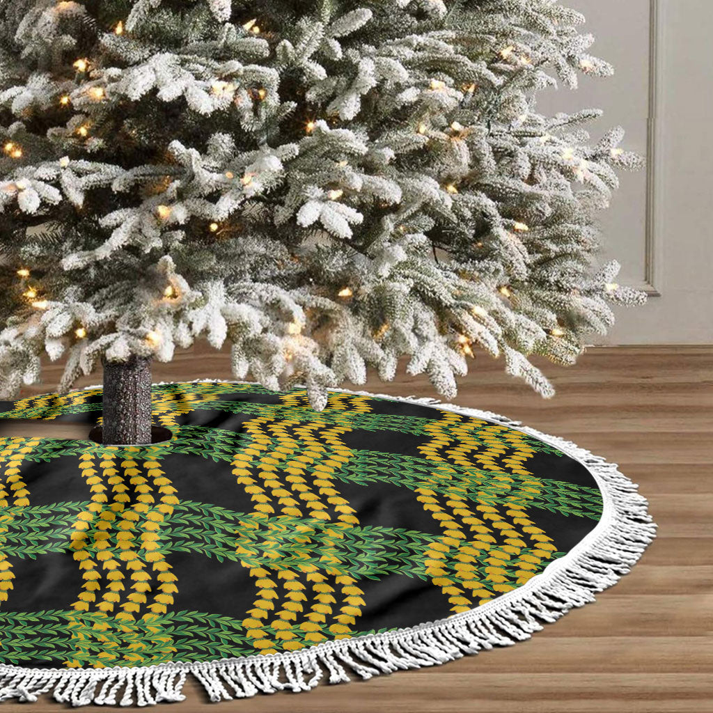 Aloha Hawaii Ilima Maile Lei Tree Skirt Palaka Inspired Hawaiian-plaid Black
