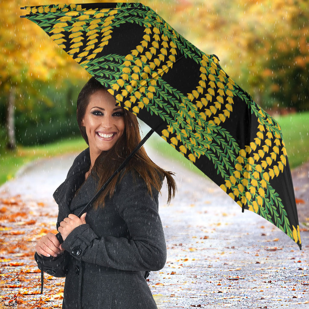 Aloha Hawaii Ilima Maile Lei Umbrella Palaka Inspired Hawaiian-plaid Black
