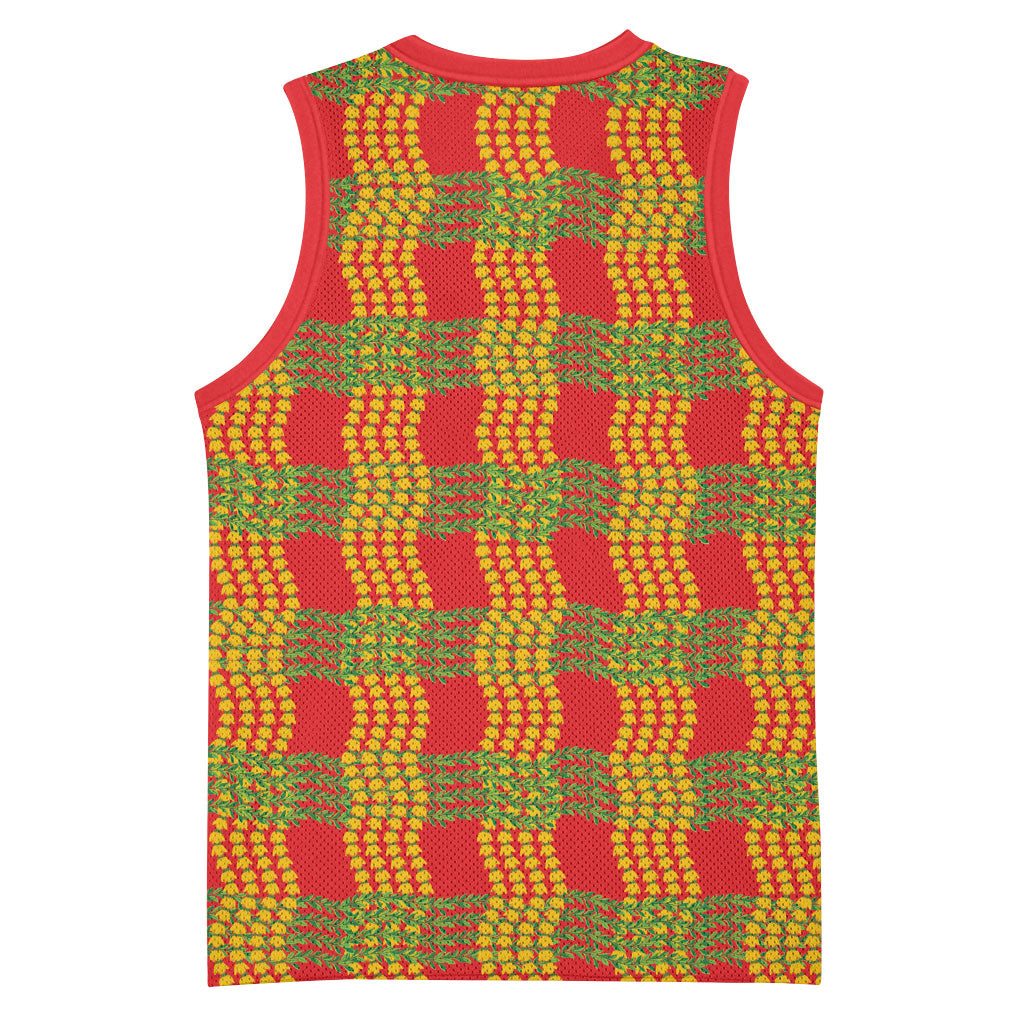 Aloha Hawaii Ilima Maile Lei Basketball Jersey Palaka Inspired Hawaiian-plaid Red