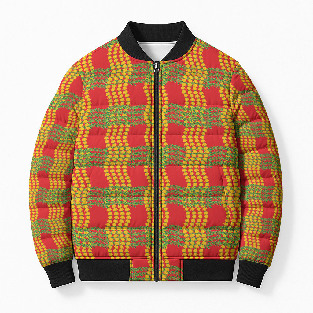 Aloha Hawaii Ilima Maile Lei Bomber Puffer Jacket Palaka Inspired Hawaiian-plaid Red