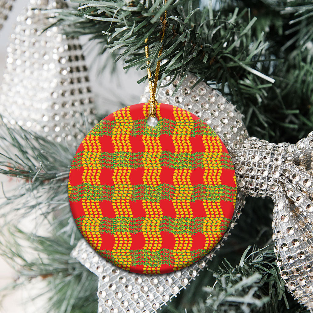 Aloha Hawaii Ilima Maile Lei Ceramic Ornament Palaka Inspired Hawaiian-plaid Red