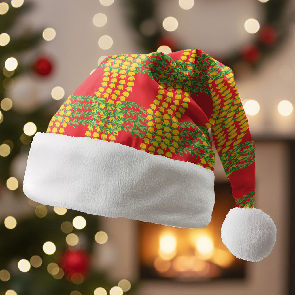 Aloha Hawaii Ilima Maile Lei Christmas Santa Hat Palaka Inspired Hawaiian-plaid Red