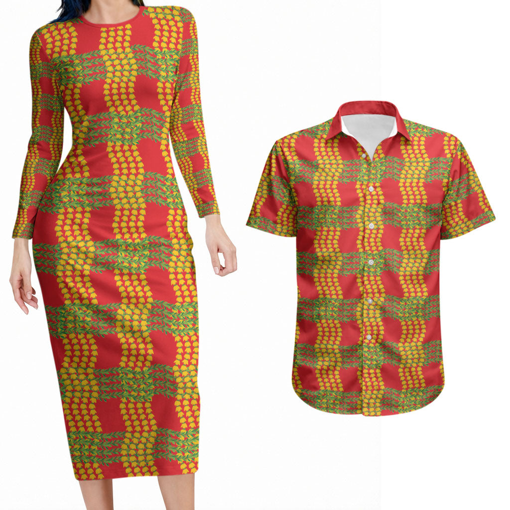 Aloha Hawaii Ilima Maile Lei Couples Matching Long Sleeve Bodycon Dress and Hawaiian Shirt Palaka Inspired Hawaiian-plaid Red