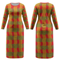 Aloha Hawaii Ilima Maile Lei Couples Matching Long Sleeve Bodycon Dress and Long Sleeve Button Shirt Palaka Inspired Hawaiian-plaid Red