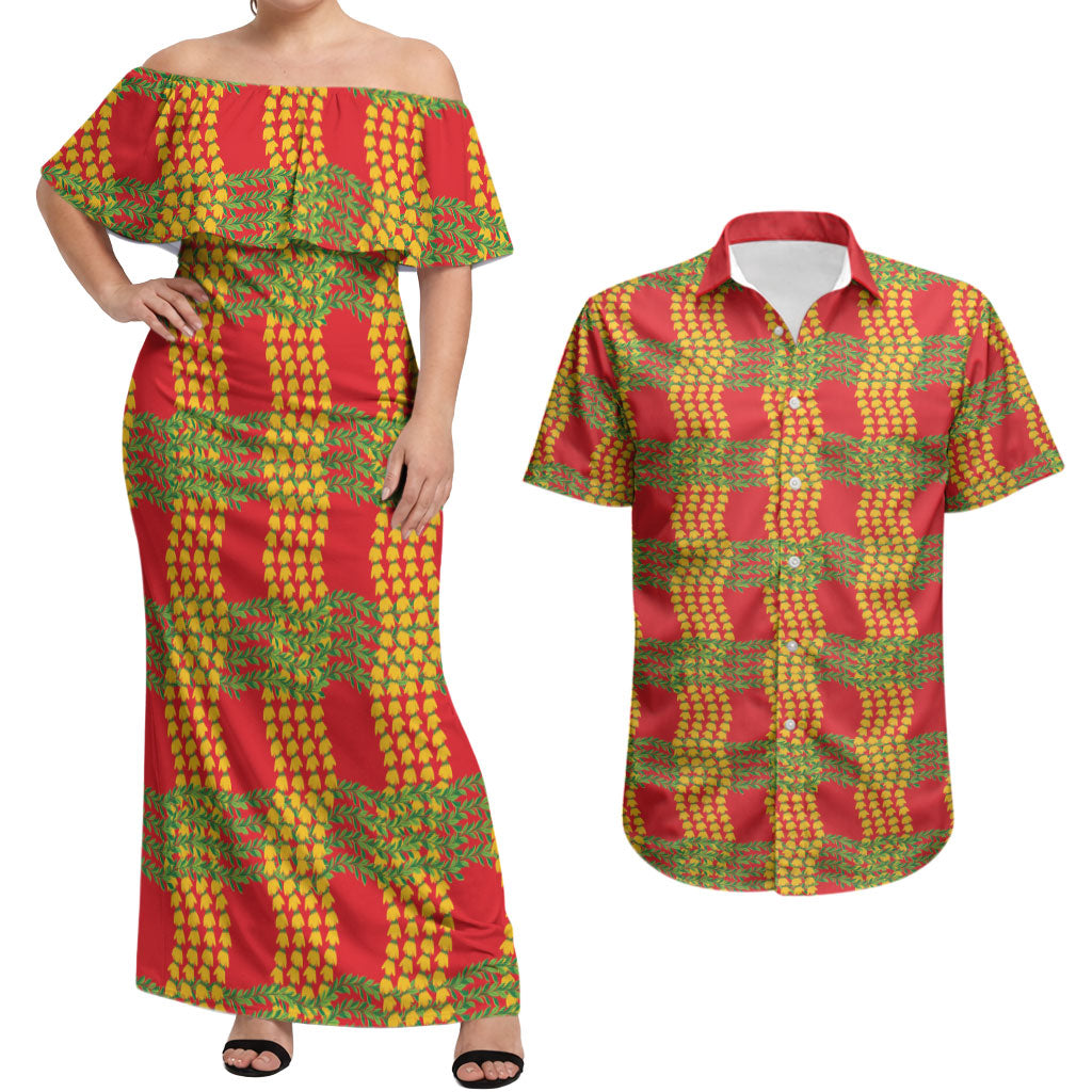 Aloha Hawaii Ilima Maile Lei Couples Matching Off Shoulder Maxi Dress and Hawaiian Shirt Palaka Inspired Hawaiian-plaid Red
