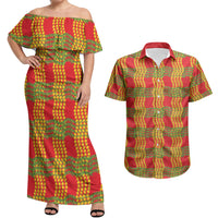 Aloha Hawaii Ilima Maile Lei Couples Matching Off Shoulder Maxi Dress and Hawaiian Shirt Palaka Inspired Hawaiian-plaid Red