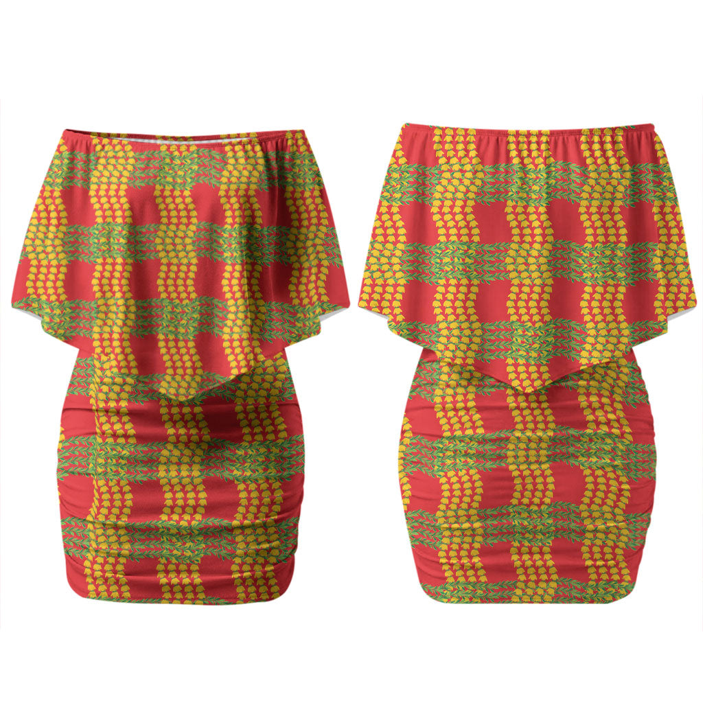 Aloha Hawaii Ilima Maile Lei Couples Matching Off Shoulder Short Dress and Hawaiian Shirt Palaka Inspired Hawaiian-plaid Red