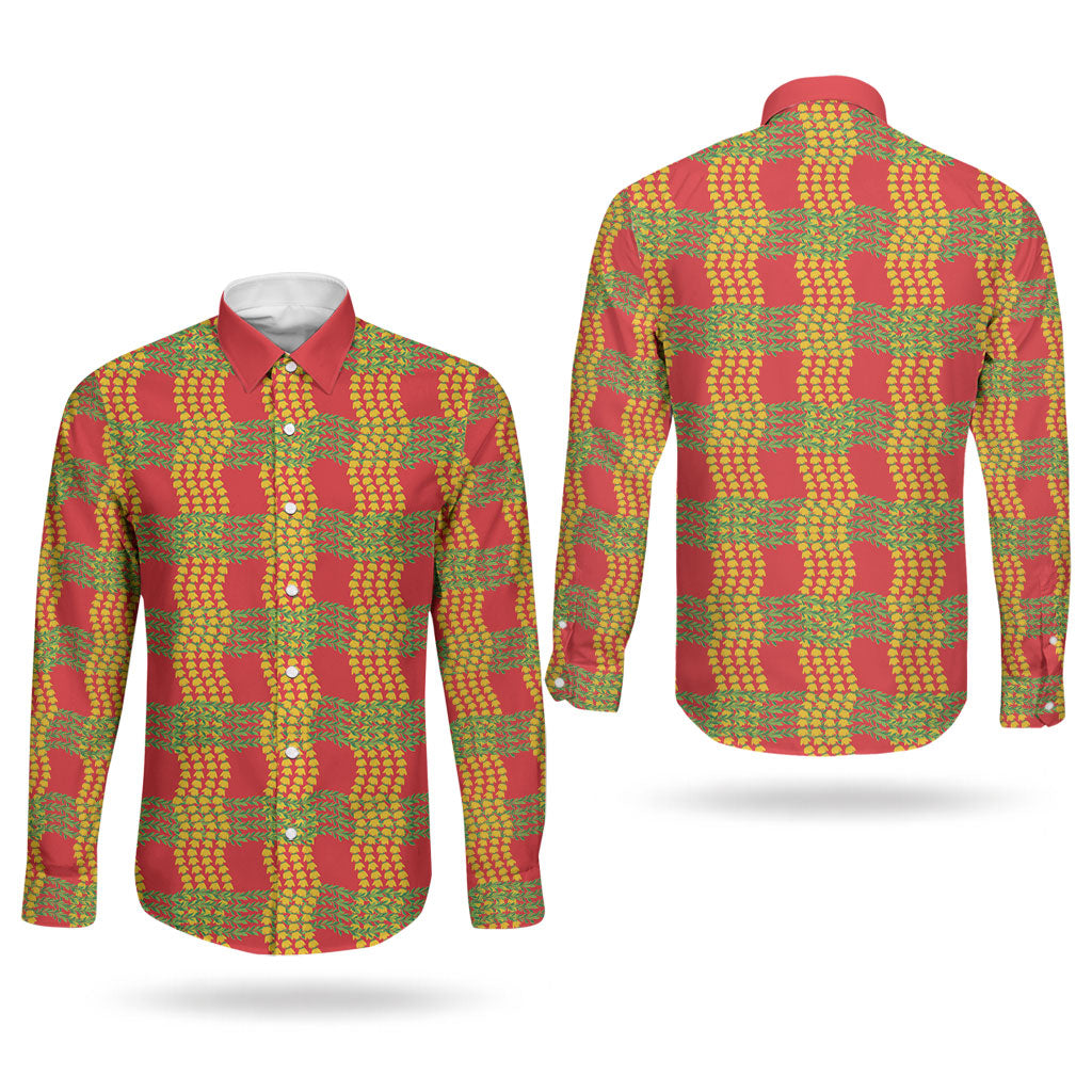 Aloha Hawaii Ilima Maile Lei Couples Matching Summer Maxi Dress and Long Sleeve Button Shirt Palaka Inspired Hawaiian-plaid Red