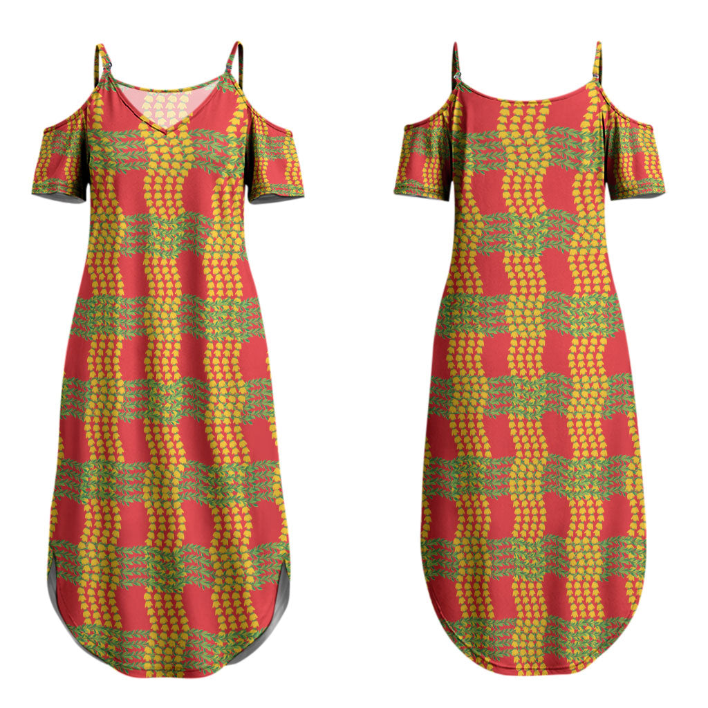 Aloha Hawaii Ilima Maile Lei Couples Matching Summer Maxi Dress and Long Sleeve Button Shirt Palaka Inspired Hawaiian-plaid Red