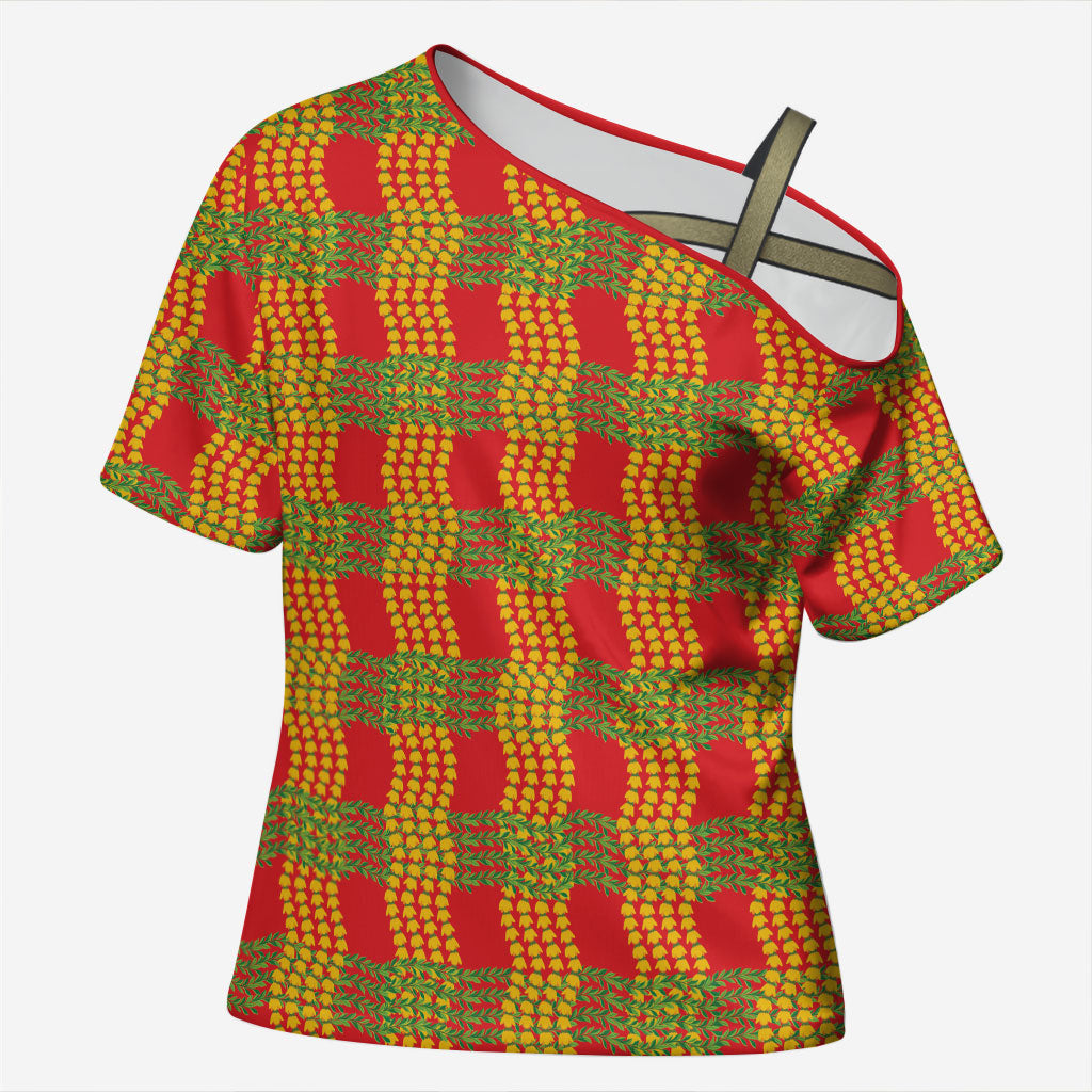 Aloha Hawaii Ilima Maile Lei Cross Shoulder Shirt Palaka Inspired Hawaiian-plaid Red LT14 Female Red - Polynesian Pride