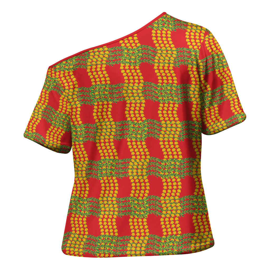 Aloha Hawaii Ilima Maile Lei Cross Shoulder Shirt Palaka Inspired Hawaiian-plaid Red