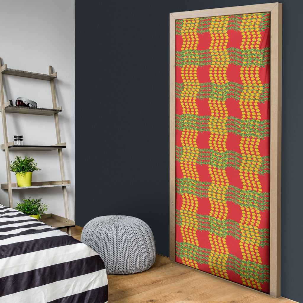 Aloha Hawaii Ilima Maile Lei Door Cover Palaka Inspired Hawaiian-plaid Red