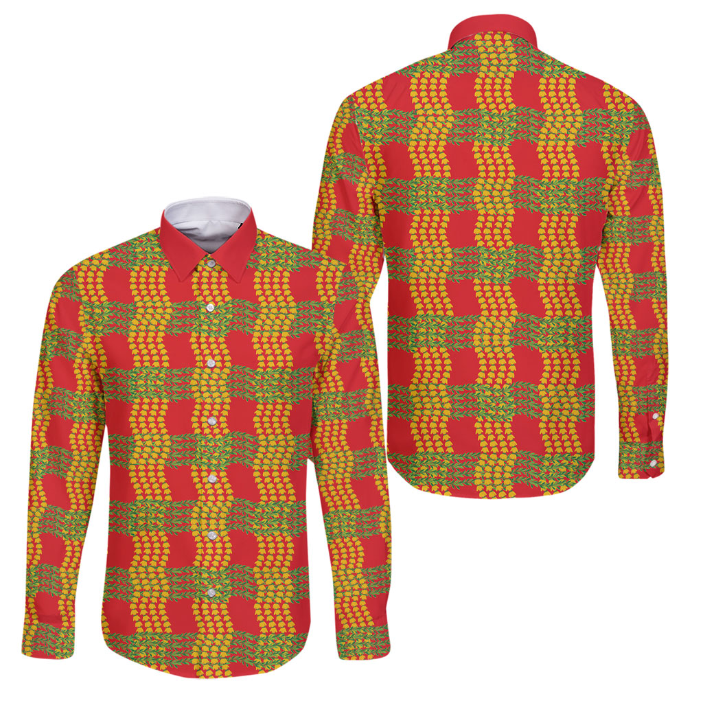 Aloha Hawaii Ilima Maile Lei Family Matching Long Sleeve Bodycon Dress and Hawaiian Shirt Palaka Inspired Hawaiian-plaid Red